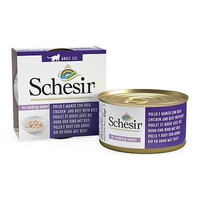 کنسرو شسیر Schesir با طعم مرغ، بیف و برنج مدل آب پز