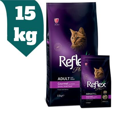 غذای خشک گربه بالغ رفلکس پلاس Reflex plus  گورمه با طعم مرغ وزن 15 کیلوگرم